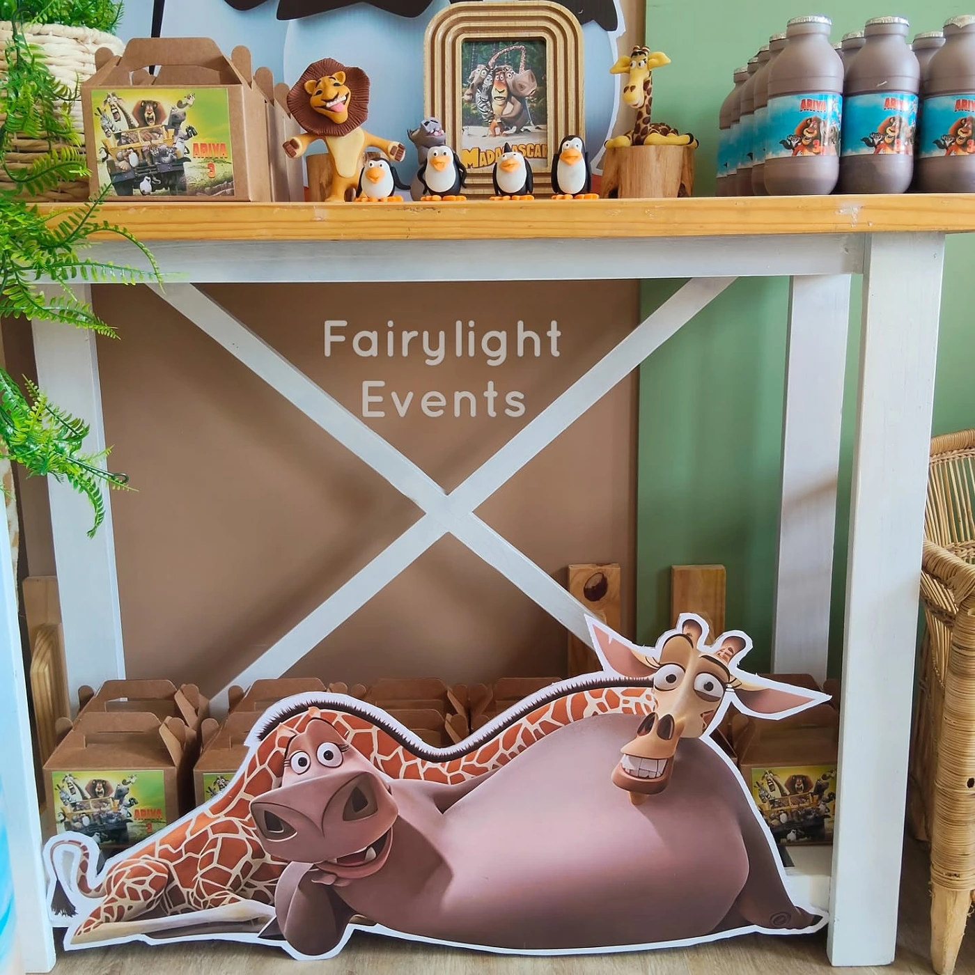Madagascar jungle-themed birthday party setup