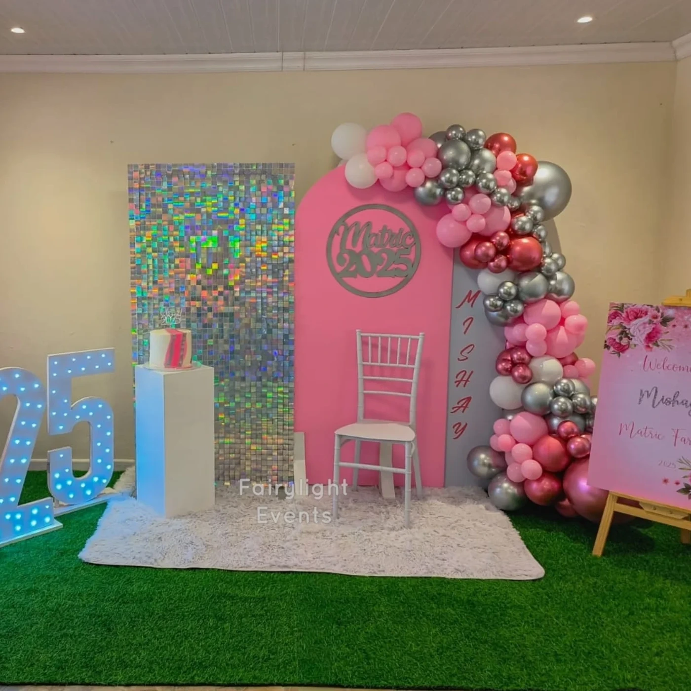 Pink and silver matric ball balloon garland by Fairylight Events